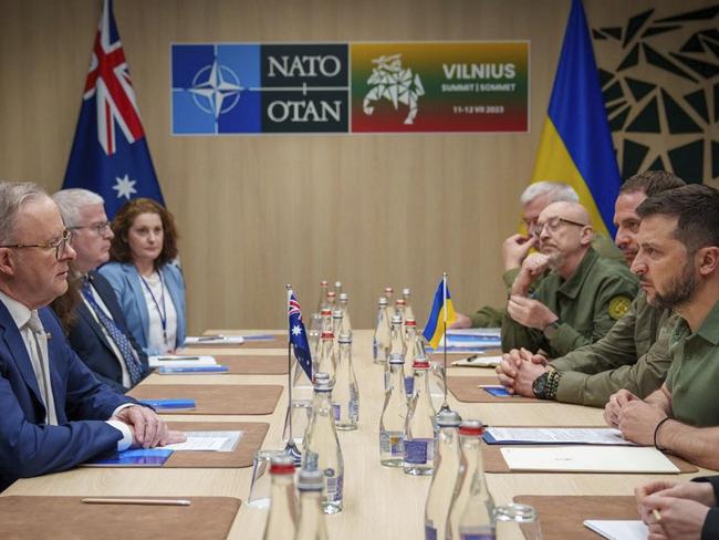 12-07-2023 - Prime Minister Anthony Albanese meets with President of Ukraine, Volodymyr Zelensky at the NATO Summit in Vilnius, Lithuania. Picture: PMO