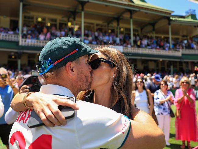 An emotional moment for the couple after Australia won the series against Pakistan at the SCG in 2024. Picture: Getty Images
