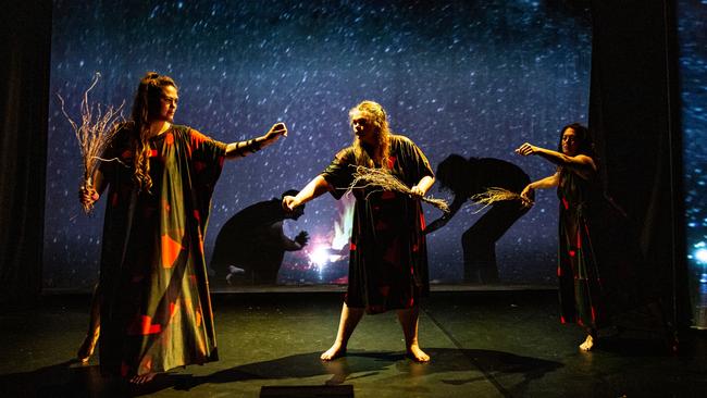 Sinsa Mansell performs as part of tuylupa (the spark of fire) at Hobart's Theatre Royal in 2022, a collaboration between pakana kanaplila, Tasdance, Soma Lumia and Skinnyfish. Picture: Jillian Mundy