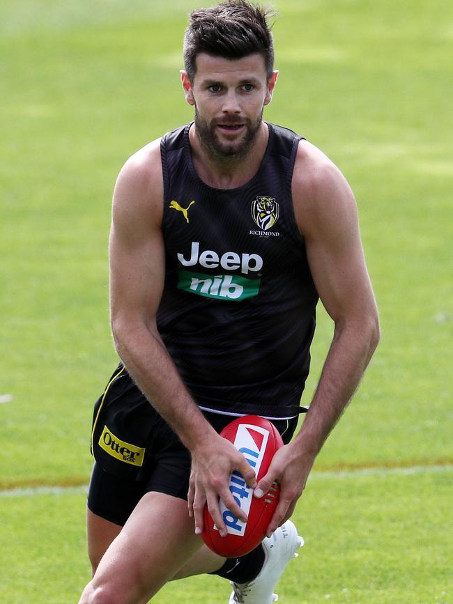 Richmond skipper Trent Cotchin hits the track. Pic: Michael Klein