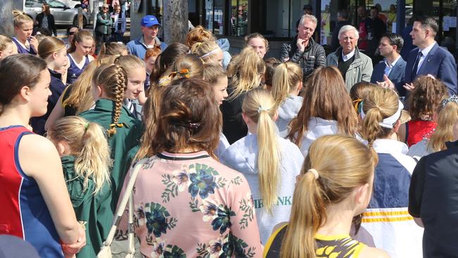 Netballers gather at Hampton for the $3 million announcement.