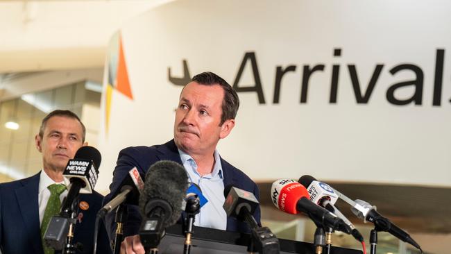 WA Premier Mark McGowan speaks to the media at Perth airport. Picture: NCA NewsWire / Tony McDonough