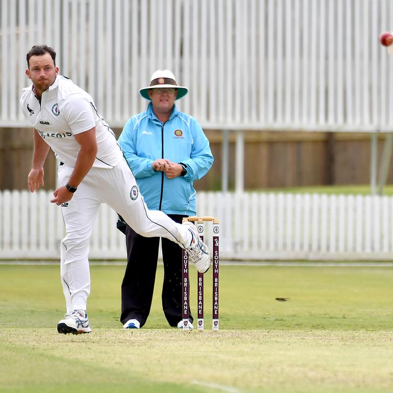 Souths bowler Brandon Honeybrook South Brisbane v Wests in the Sci-Fleet first grade competition. Saturday October 1, 2022. Picture, John Gass