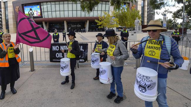 A small group of protesters outside Adelaide Oval. Picture: NCA NewsWire / RoyVphotography