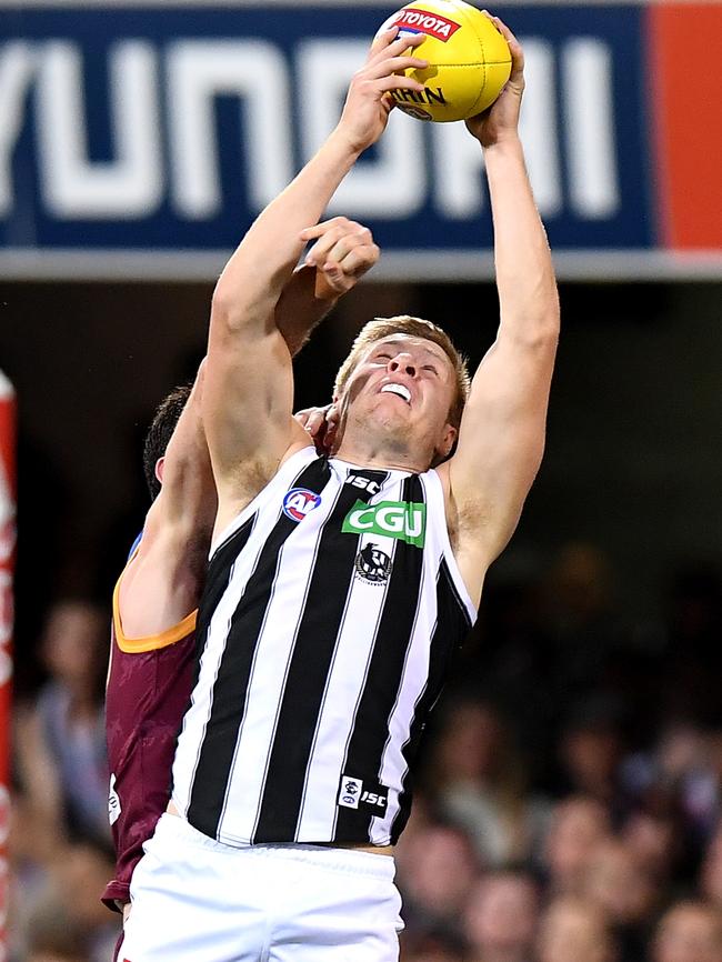 He took a matchwinning mark against the Lions late in the Pies’ narrow win at the Gabba, kicking a crucial goal. Picture: Getty