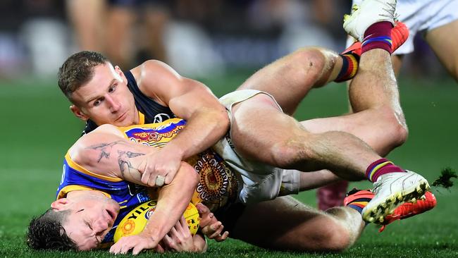 Rory Laird has escaped suspension for this tackle on Lachie Neale. Picture: Getty Images