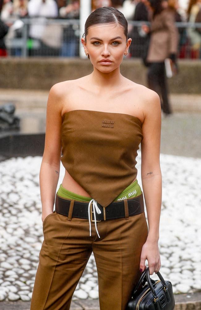 Thylane Blondeau wore a brown two piece to the Miu Miu show on Tuesday at Paris Fashion Week. Picture: Backgrid