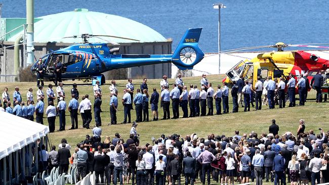 Roger Corbin funeral at the Regatta grounds in Hobart. A guard of honour was formed for Roger's coffin which was loaded into the Westpac Rescue helicopter. Picture: SAM ROSEWARNE