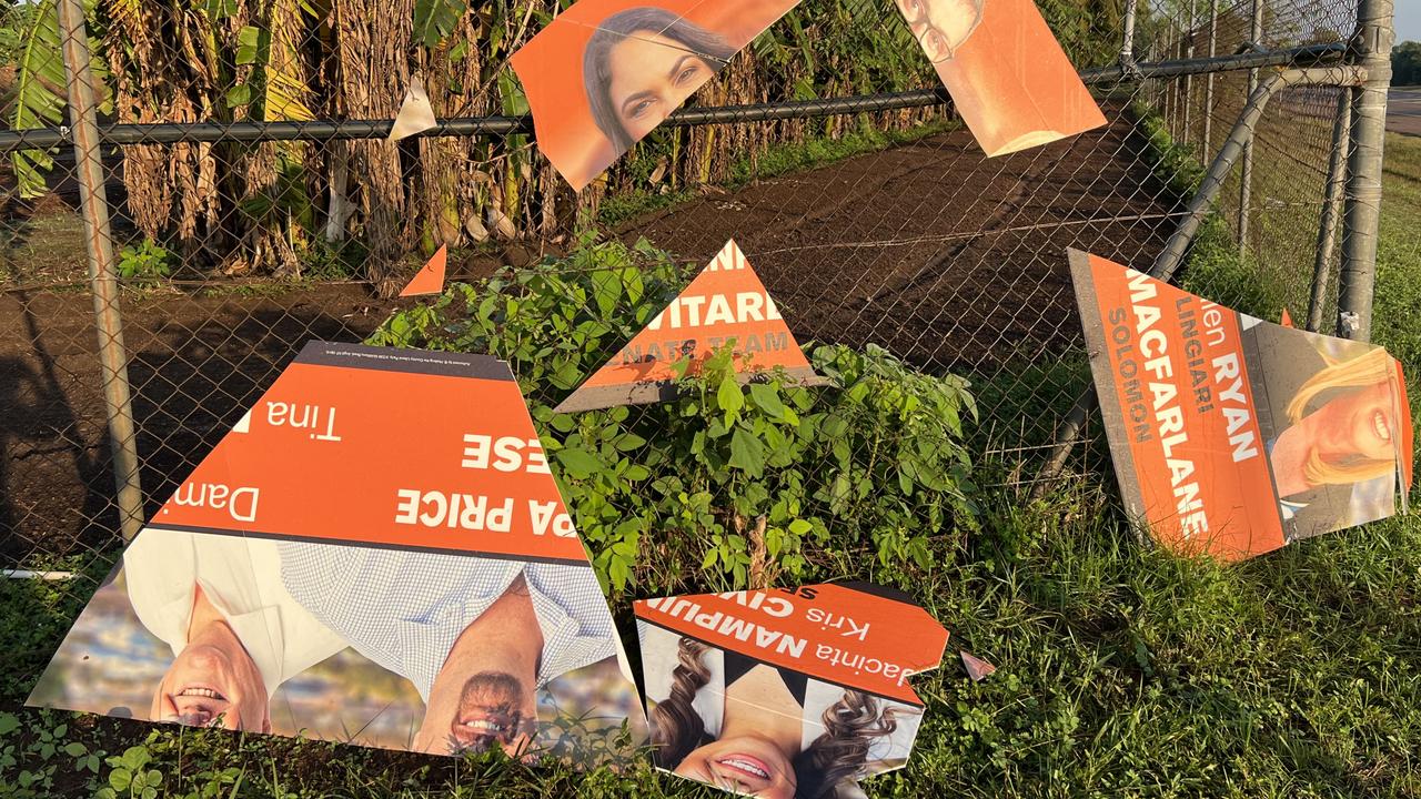 Damage to corflutes of CLP candidates has been reported to police and the Australian Electoral Commission. Picture: Supplied