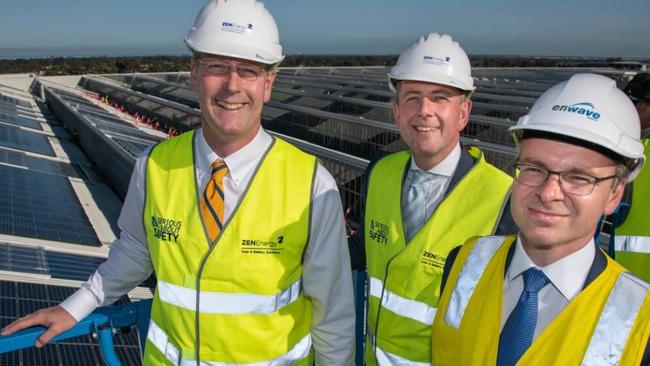 Energy and Mining Minister Dan van Holst Pellekaan, ZEN Energy chief executive Marc Barrington and Enwave Australia chief executive Cameron Evans at Tonsley.