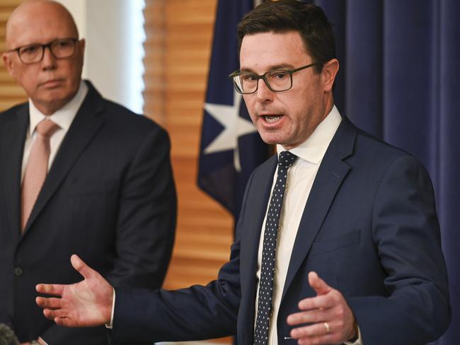 CANBERRA, Australia - NewsWire Photos - July 2, 2024: Leader of the Opposition Peter Dutton, Party leader of the National Party of Australia David Littleproud and Shadow Treasurer Angus Taylor hold a press conference at Parliament House in Canberra: NewsWire / Martin Ollman