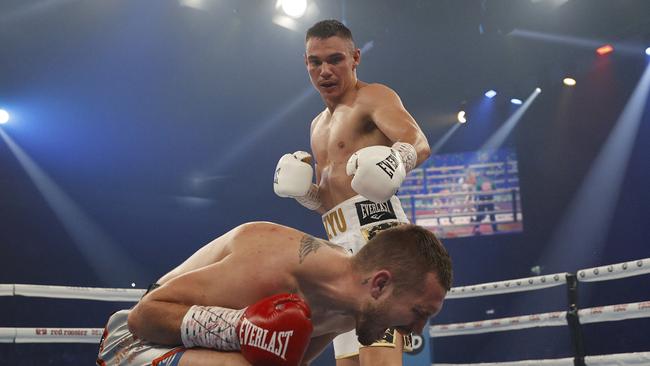 Tim Tszyu knocks out Stevie Spark during the WBA Oceania WBO Global super welterweight title fight in July. Picture: Getty Images