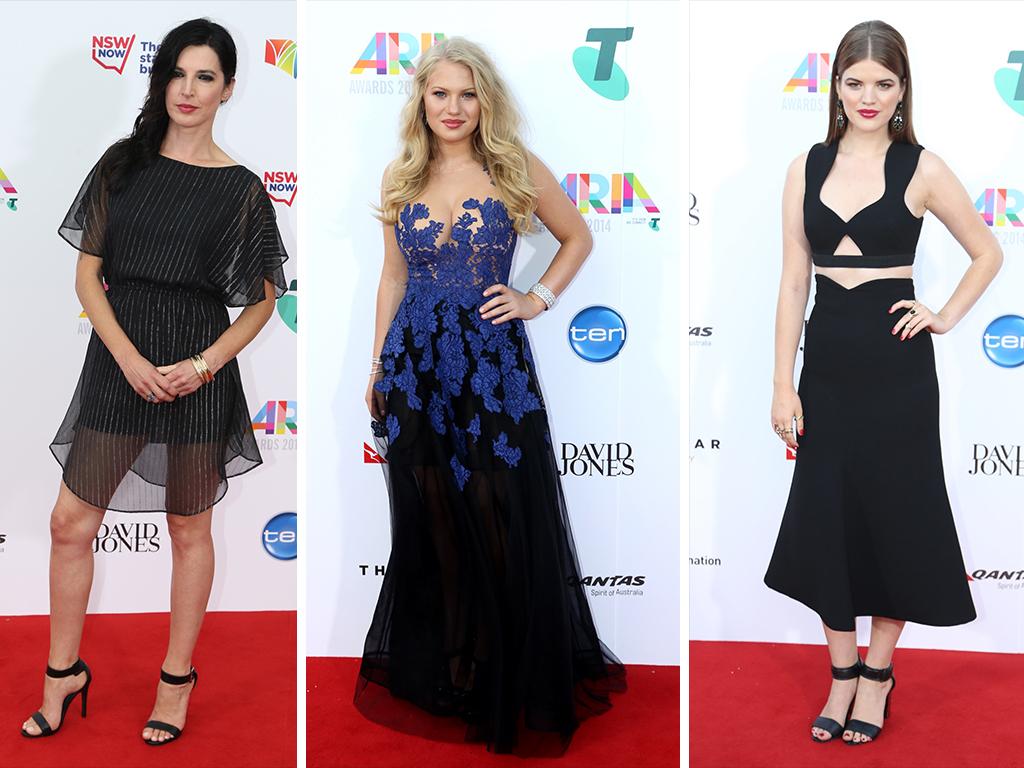 Singers Adalita Srsen, Anja Nissen and Rachael Leahcar arrives at the ARIA Awards 2014 in Sydney. Picture: Adam Taylor