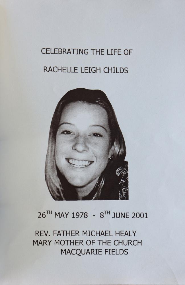 The funeral program for murdered Bargo woman Rachelle Childs, whose burning body was found at Gerroa on Thursday June 8, 2001. Picture: Supplied