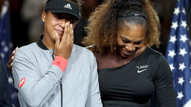 NEW YORK, NY - SEPTEMBER 08: Naomi Osaka of Japan and Serena Williams of the United States react after the Women's Singles finals match on Day Thirteen of the 2018 US Open at the USTA Billie Jean King National Tennis Center on September 8, 2018 in the Flushing neighborhood of the Queens borough of New York City. (Photo by Julian Finney/Getty Images) *** BESTPIX ***