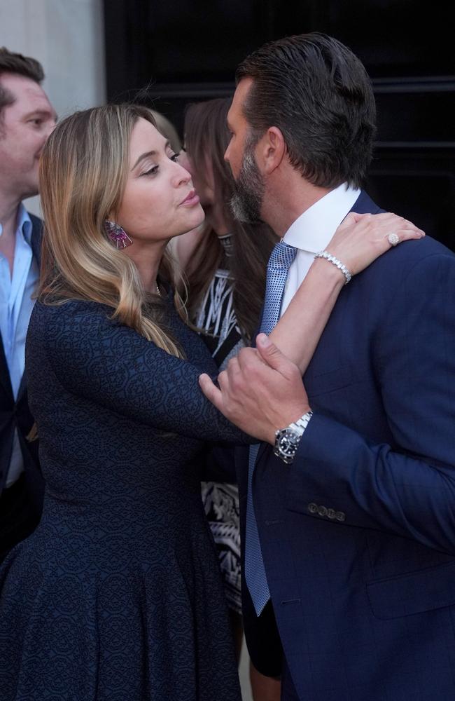 Holly Valance kisses Donald Trump Jr farewell as he leaves her fundraiser for his father. Picture: Getty Images