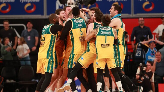 MELBOURNE, AUSTRALIA – MARCH 24: JackJumpers celebrate winning during game three of the NBL Championship Grand Final Series between Melbourne United and Tasmania JackJumpers at John Cain Arena, on March 24, 2024, in Melbourne, Australia. (Photo by Kelly Defina/Getty Images)