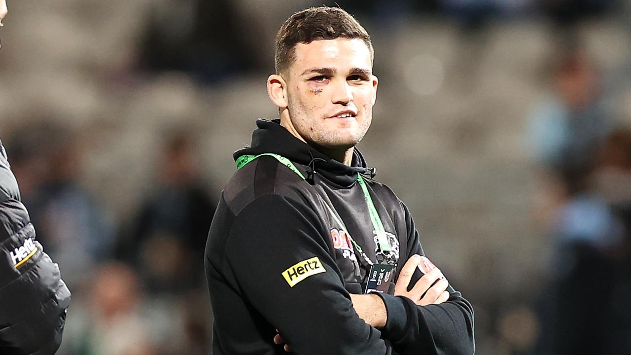 SYDNEY, AUSTRALIA - JUNE 11: Isaah Yeo and Nathan Cleary watch on during the warm-up before the round 14 NRL match between the Cronulla Sharks and the Penrith Panthers at Netstrata Jubilee Stadium, on June 11, 2021, in Sydney, Australia. (Photo by Mark Kolbe/Getty Images)