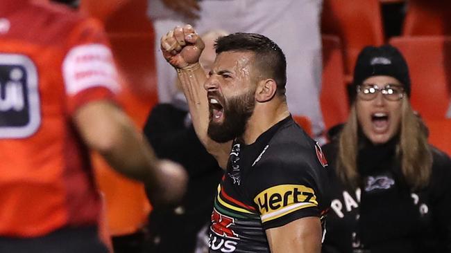 PENRITH, AUSTRALIA – SEPTEMBER 11: Josh Mansour of the Panthers celebrates scoring a try during the round 18 NRL match between the Penrith Panthers and the Parramatta Eels at Panthers Stadium on September 11, 2020 in Penrith, Australia. (Photo by Mark Kolbe/Getty Images)