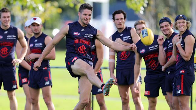 Jesse Hogan shows off his goalkicking skills at training. Picture: Michael Klein