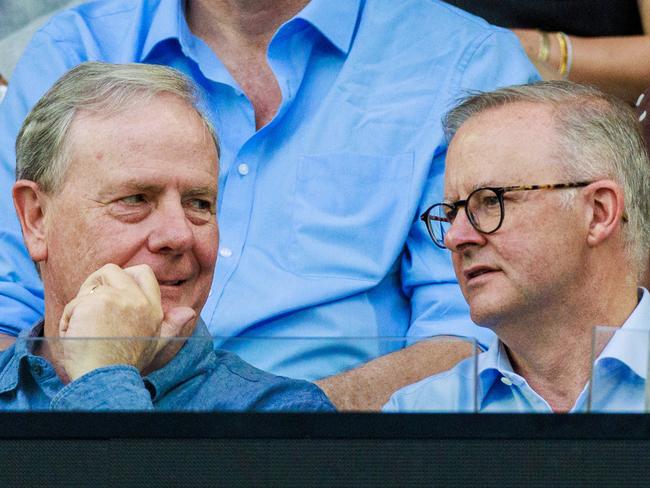 Former treasurer of Australia Peter Costello with Prime Minister Anthony Albanese during the match between Aryna Sabalenka and Elena Rybalenka of Kazakhstan in the WomenÃs Singles Final on Rod Laver Arena, Day 13 of the 2023 Australian Open at Melbourne Park, Saturday, January 28, 2023. MANDATORY PHOTO CREDIT Tennis Australia/ AARON FRANCIS