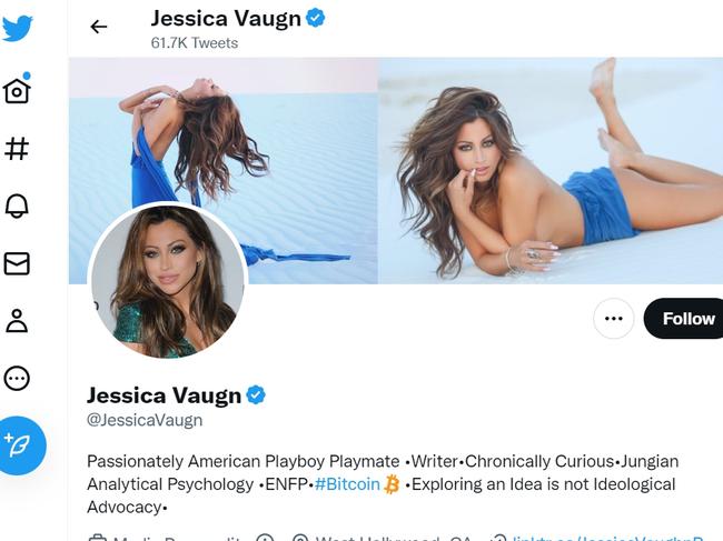 A screenshot of Jessica Vaugn’s Twitter account. She describes herself as a “passionately American Playboy Playmate”.