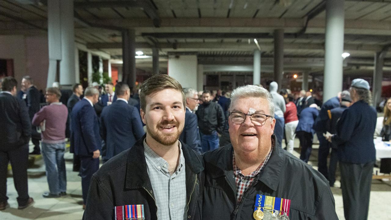 Damien Tuffield and his father Derek Tuffield are ready to march to the Anzac Day Toowoomba Dawn Service, Tuesday, April 25, 2023. Picture: Kevin Farmer