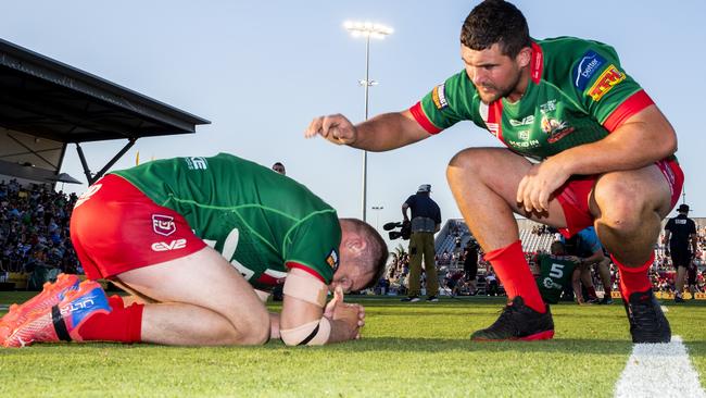 Sam Scarlett and Aaron Rockley after losing the Intrust Super Cup Grand Final to the Norths Devils in 2021. Picture: Richard Walker