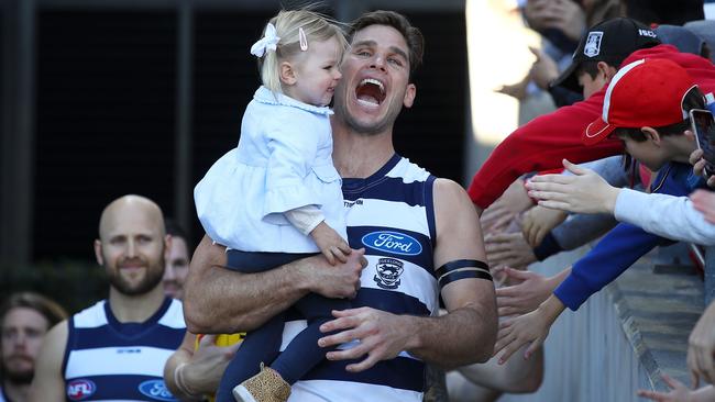 Tom Hawkins was best on ground in his milestone match. Picture: AFL Photos/Getty Images