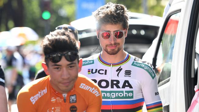 Caleb Ewan and Peter Sagan cross paths in last year's Tour Down Under. The two will again go head-to-head on the sprint stages in Adelaide. Picture: Dan Peled (AAP).