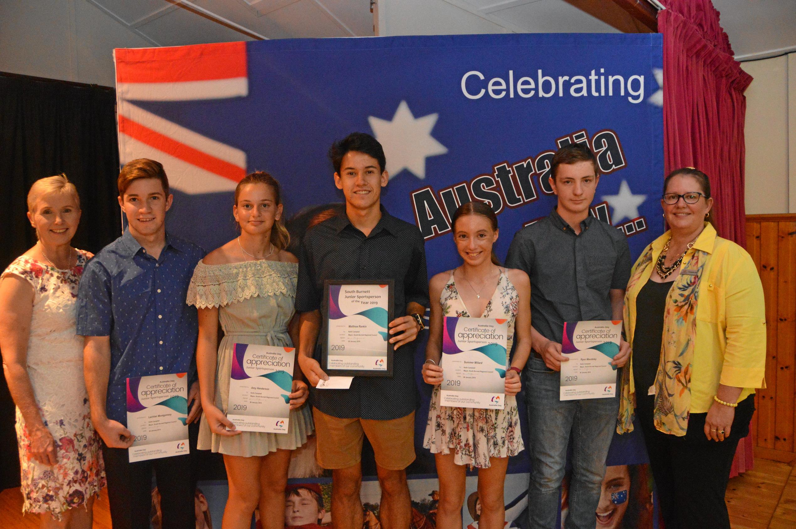 Winner of the South Burnett junior sports award Matthew Rankin with nominees, Cr Roz Frohloff and Cr Danita Potter at the South Burnett Australia Day awards 2019. Picture: Claudia Williams