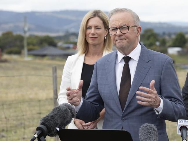 Prime Minister Anthony Albanese in Hobart this week, defending his government’s uncertain position on salmon farming in Macquarie Harbour. Picture: Eddie Safarik/NewsWire