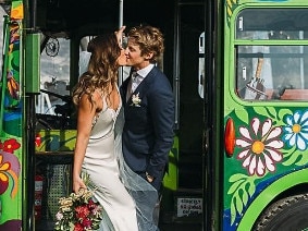 Belinda and Rory in Byron Bay on their wedding day in 2016