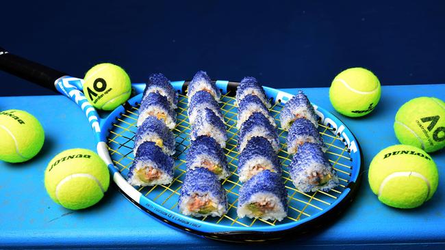 A sushi roll has been given the tennis treatment with a Blue Uramaki. Picture: Tony Gough