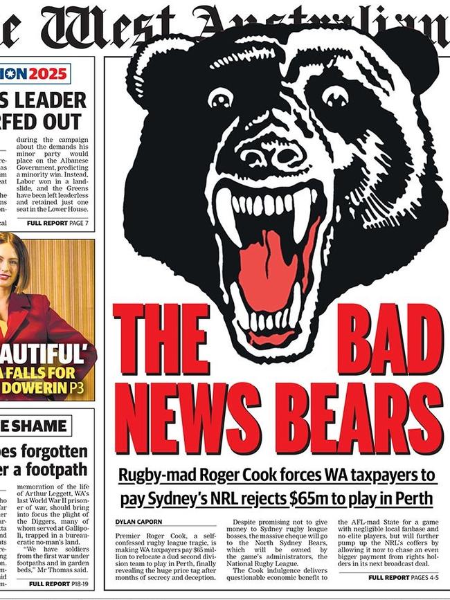 The WA's front page on the Perth Bears.