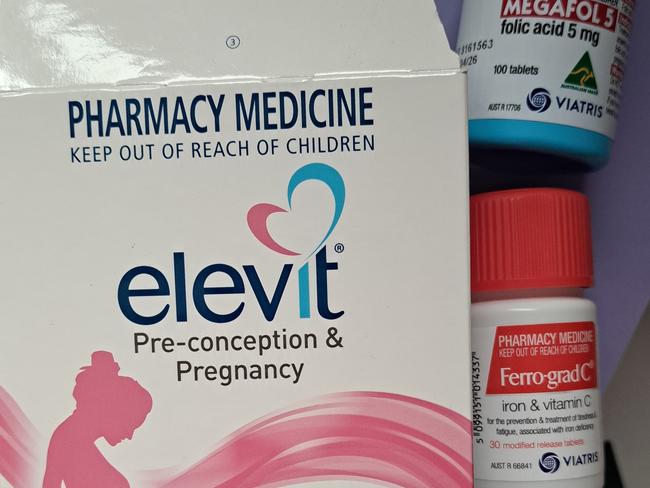 Pregnancy vitamins – Elevit, iron and folic acid.