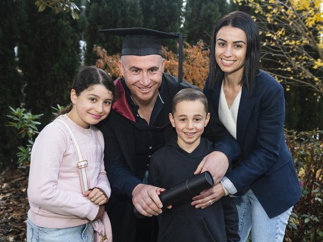 Bachelor of Engineering graduate Jason Carrozza with family (from left) Ziara, Isaac and Julianne Carrozza at a UniSQ graduation ceremony at The Empire, Tuesday, June 25, 2024. Picture: Kevin Farmer