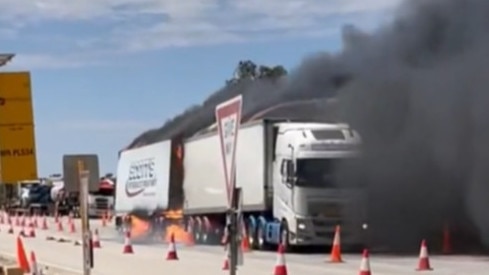 Trucks catch fire near a remote covid checkpoint on the WA-SA border.