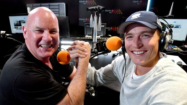 Andrew Jarman and Bernie Vince at the Triple M Studios in Adelaide. Picture: AAP Image/Sam Wundke.