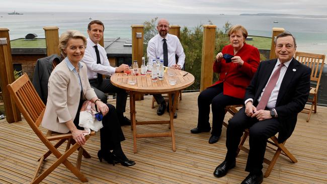 Pictured from left; President of the European Commission Ursula von der Leyen, France's President Emmanuel Macron, President of the European Council Charles Michel, Germany's Chancellor Angela Merkel and Italy's Prime Minister Mario Draghi, in Carbis bay, Cornwall. Macron