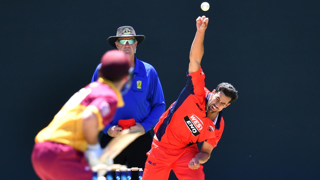 Wes Agar on his way to five-for against Queensland in the Marsh Cup.