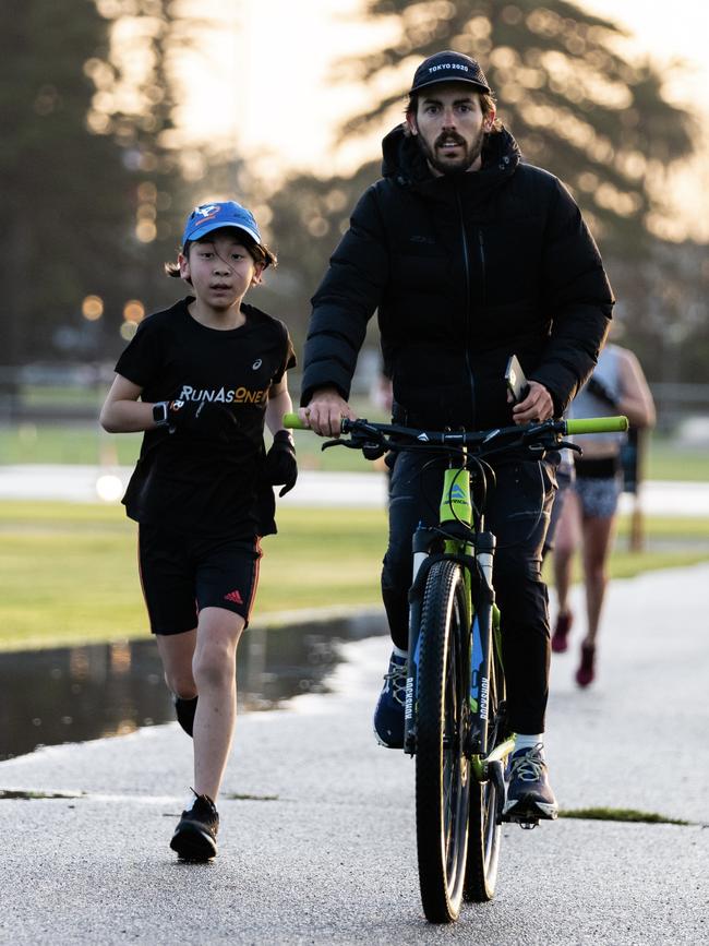 Riley Cocks training with Leon Kurashima in Victoria Park. Picture: John Yin