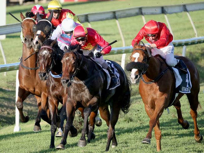 Malaguerra (second right) hits the front in the BTC Cup from (from left) Artlee, Delectation, Two Blue and Dothraki. Picture: Jono Searle