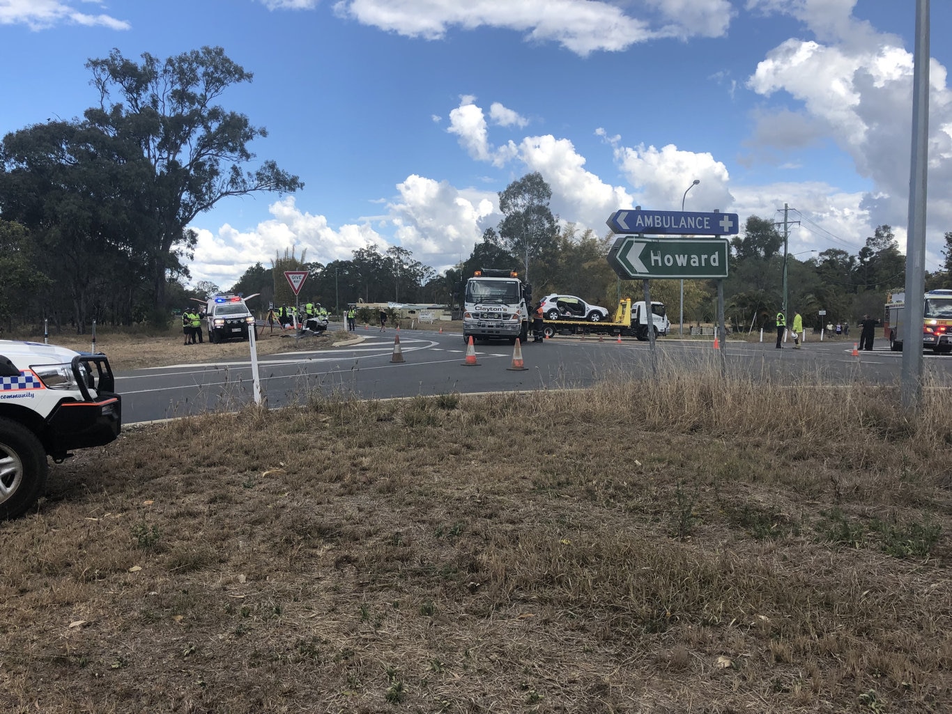 The scene of a two-car crash at the intersection of the Burce Hwy and Thomas St in Howard about 12.15pm.