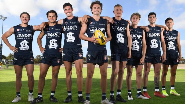 South Adelaide recruits Jye Menzie, Ollie Davis, Oscar Clavarino, Oscar Brownless, Ryan Garthwaite, Elliot Dunkin, Harrison Gunther and Sam Ramsay, at Flinders University Stadium. Picture: Tricia Watkinson