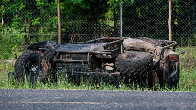 The crashed Honda ATV buggy on Bees Creek Rd on Sunday morning. Picture: Che Chorley