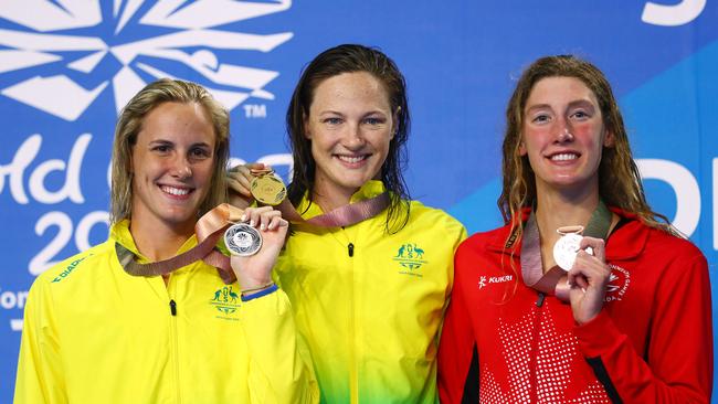 Bronte and Cate Campbell with Canada’s Taylor Ruck. Picture: Clive Rose/Getty Images