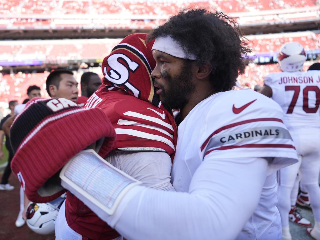 Cardinals star Kyler Murray shares a hug with Brandon Aiyuk after the game. Picture: Getty