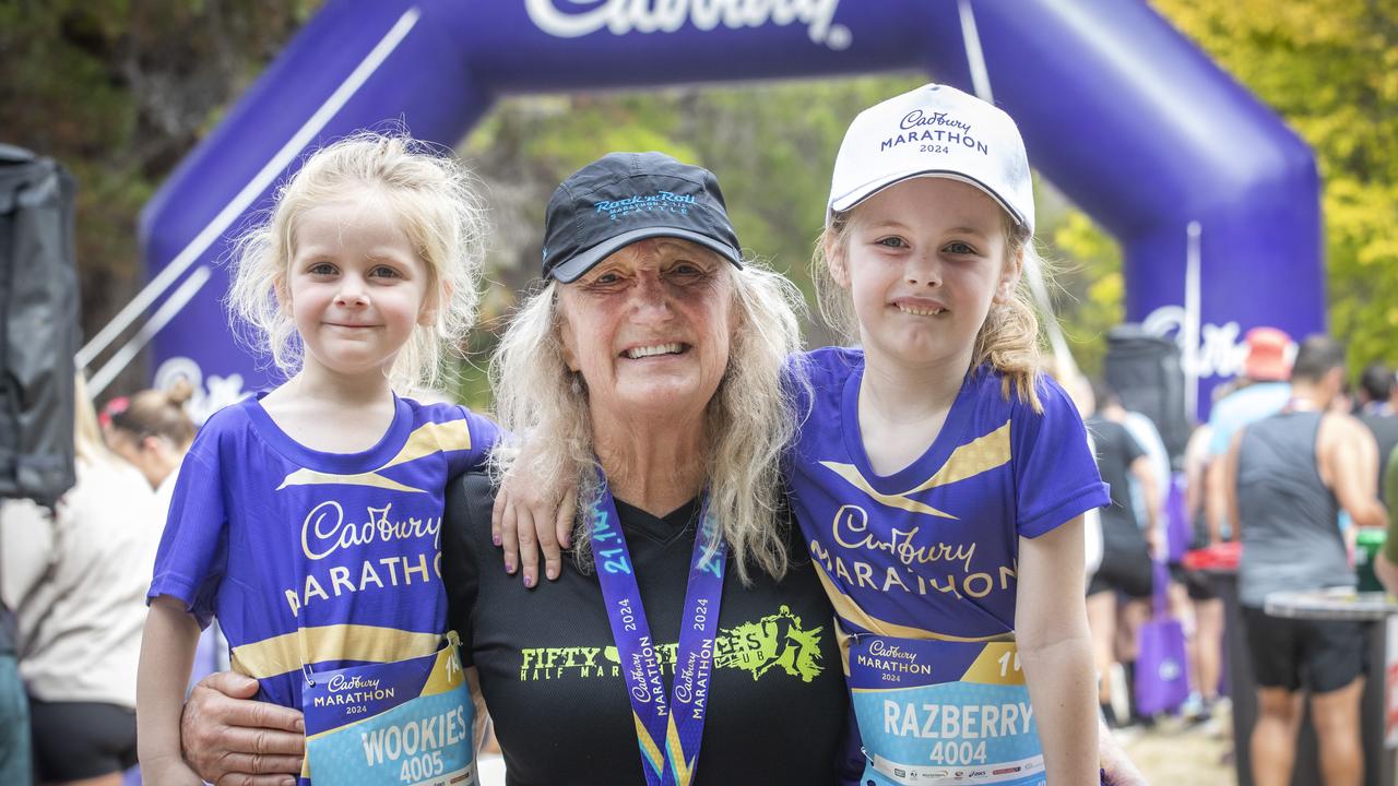 Cadbury Marathon, Christie Beetz with her grandchildren Brooklyn 3 and Ava 5. Picture: Chris Kidd