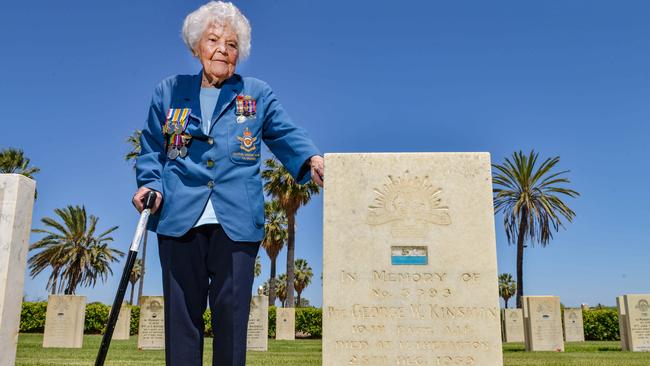 World War 2 veteran Thelma Zimmerman at her father’s grave in the AIF section of West Terrace Cemetery. Picture: NCA NewsWire / Brenton Edwards